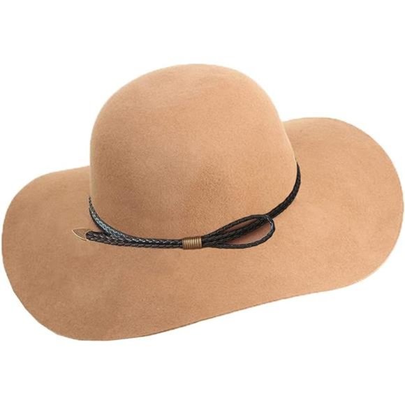 Women\'s Wool Foldable Wide Brim Retro Fedora Floppy Felt Bowler Hat, Z-beige main image 2